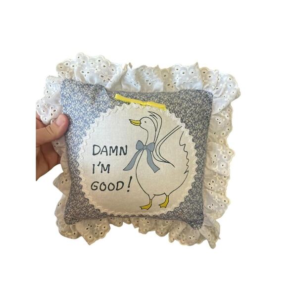 Quilted Grandma core Handstitched Pillow with goose and frilly edges 10x10 - Picture 5 of 5